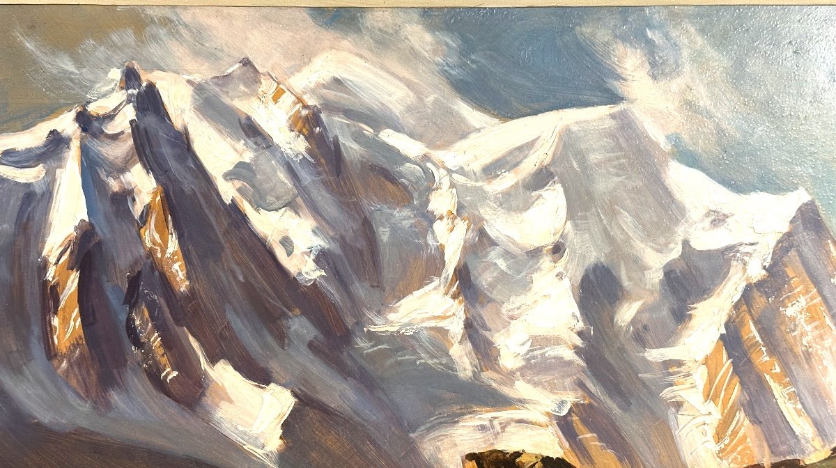 Marcel WIBAULT 1904-1998 Huile Le Mont Blanc Les Aiguilles de Chamonix 1952 Alpes Flegere En très bon état -photo-3