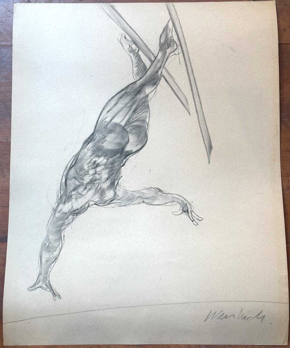Claude WEISBUCH 1927-2014 RARE Dessin rehaussé Ski acrobatique Tignes 1986 Savoie En TBE /2