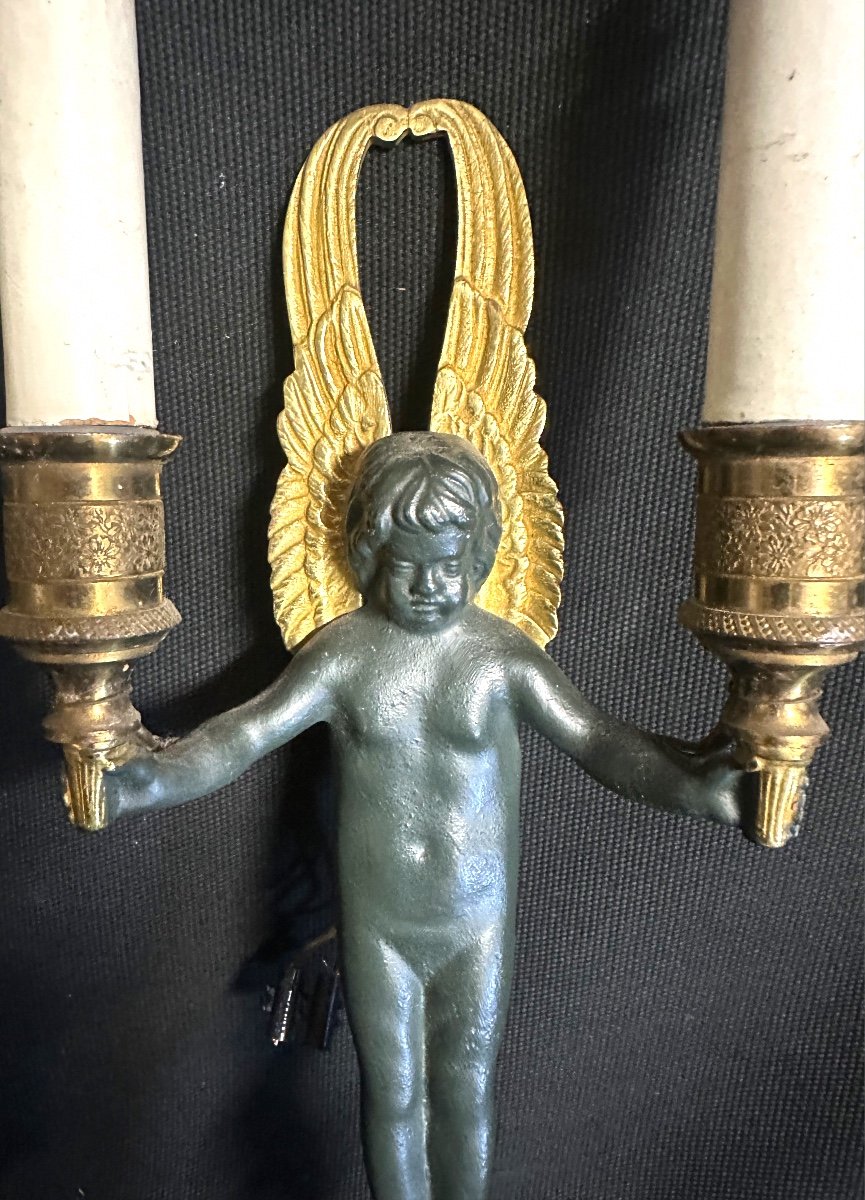 Pair Of 19th Century Double Sconces With Cherubs With Double Patina Angels Putti Brand Gr En Creux Angel-photo-2