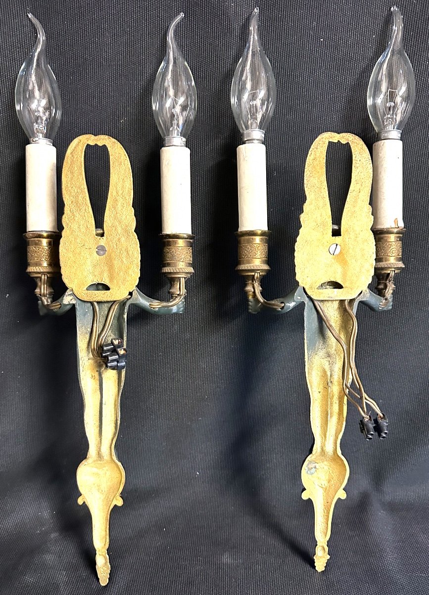 Pair Of 19th Century Double Sconces With Cherubs With Double Patina Angels Putti Brand Gr En Creux Angel-photo-2