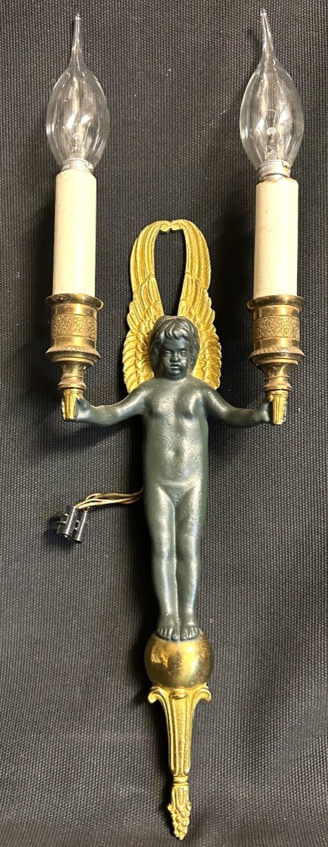 Pair Of 19th Century Double Sconces With Cherubs With Double Patina Angels Putti Brand Gr En Creux Angel-photo-5