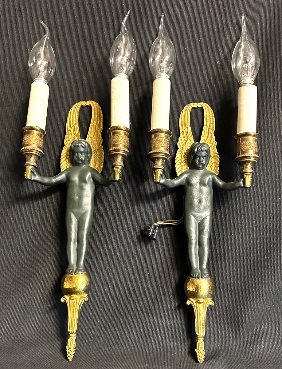 Pair Of 19th Century Double Sconces With Cherubs With Double Patina Angels Putti Brand Gr En Creux Angel-photo-6