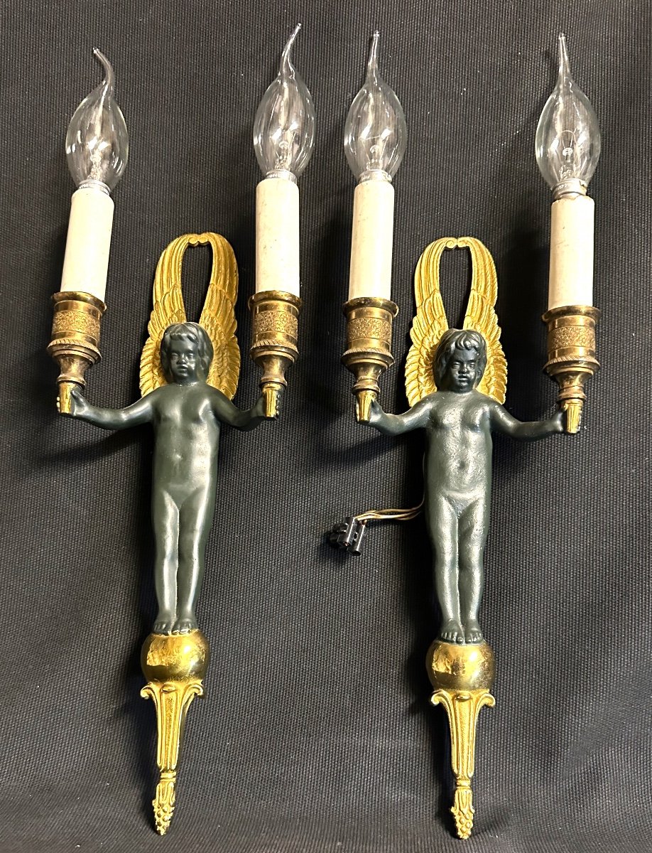 Paire d’appliques doubles XIXe Aux chérubins à double patine Anges Putti Marque GR en creux ange -photo-6