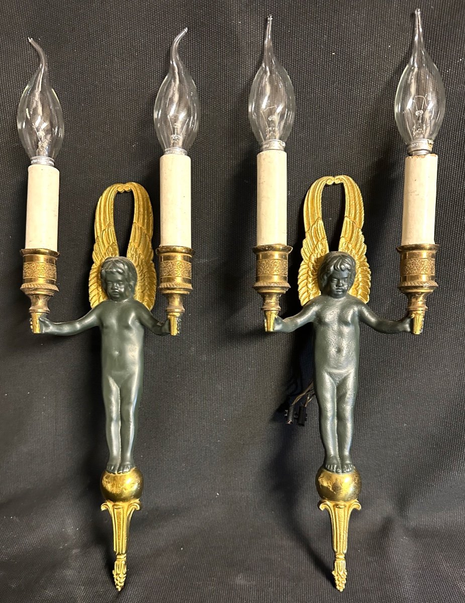 Pair Of 19th Century Double Sconces With Cherubs With Double Patina Angels Putti Brand Gr En Creux Angel