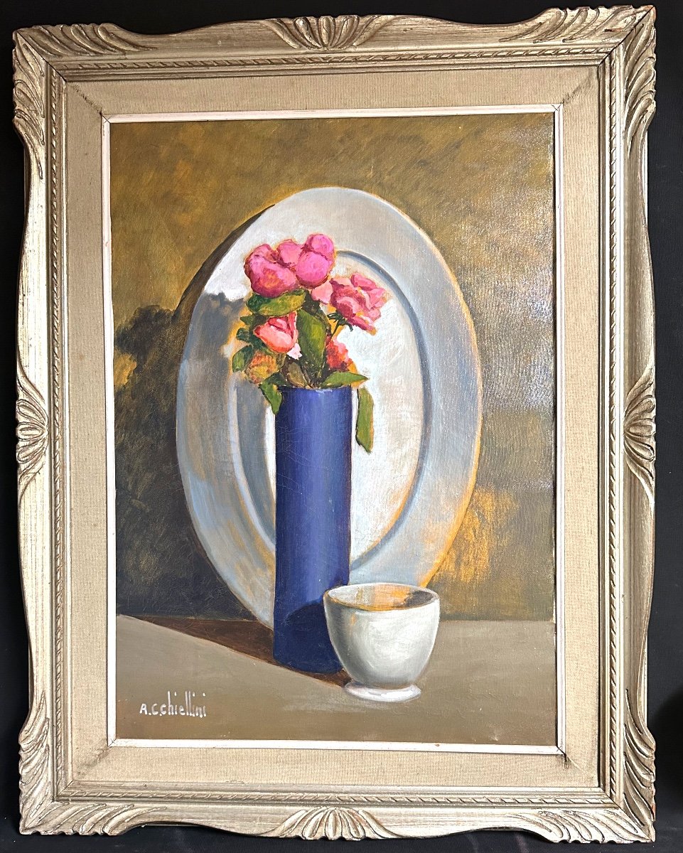 Angelo Cesare CHIELLINI 1916-1991 GRANDE Huile Bouquet  de fleurs Artiste Italien de Livourne /1