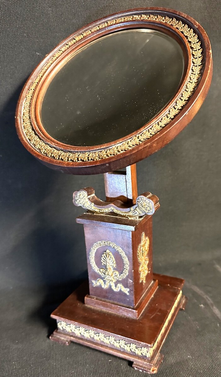 Miroir Psyché de table Empire XIXe en acajou et laiton toilette 