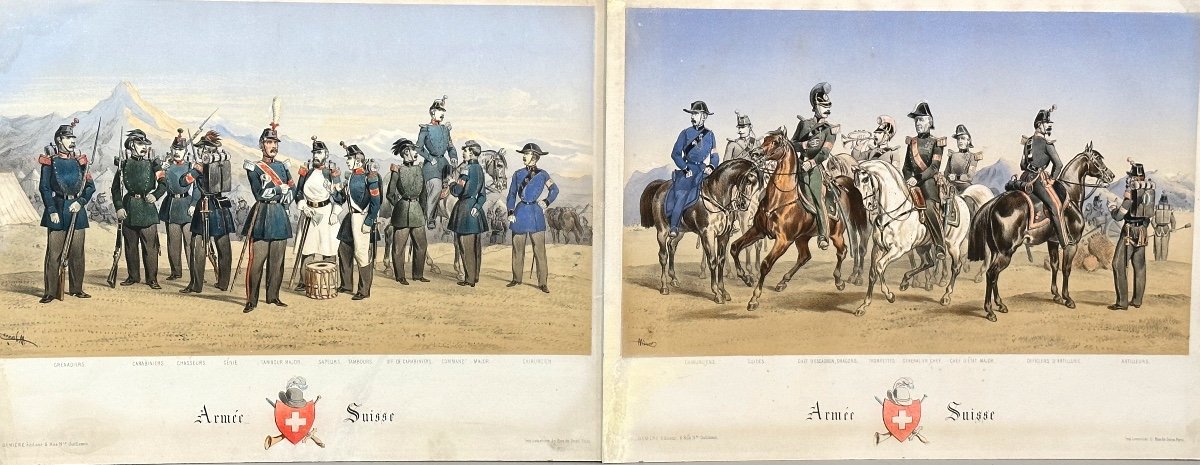 Armée SUISSE  2 Lithographies couleurs  XIXe Demiere et Lemercier Militaria Gravure-photo-3