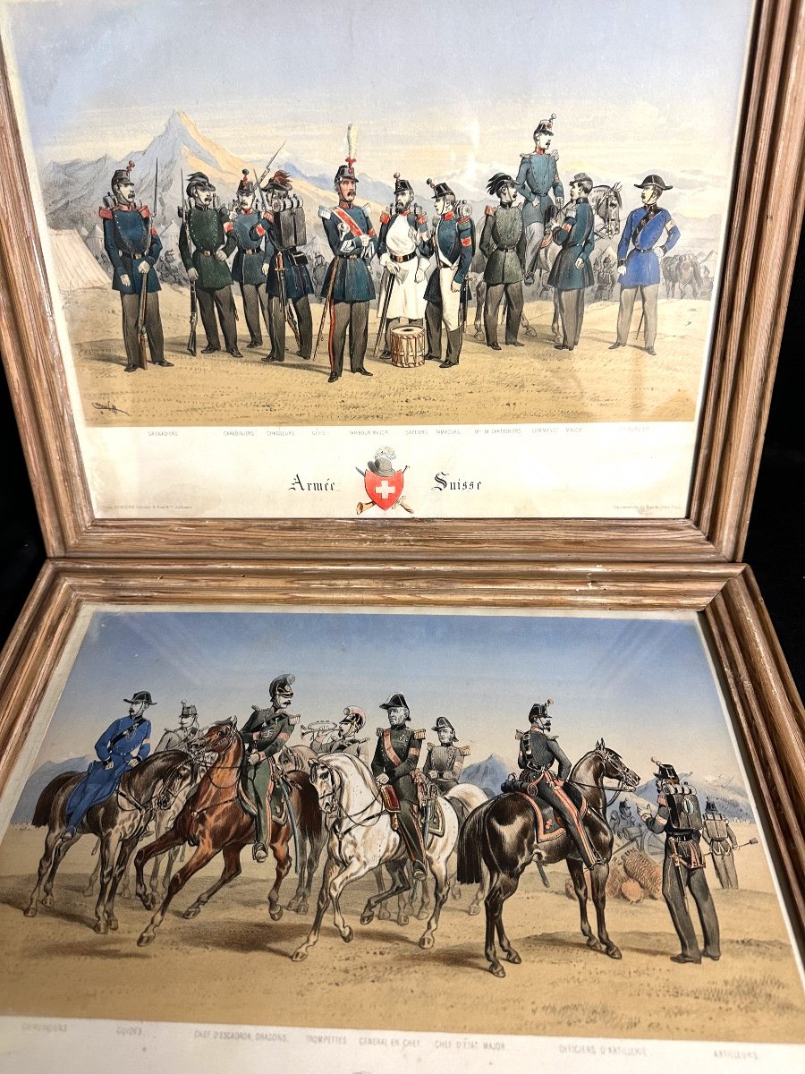 Armée SUISSE  2 Lithographies couleurs  XIXe Demiere et Lemercier Militaria Gravure