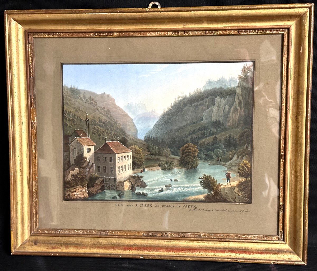 Grundmann 19th Century Aquatint Gouachée Cluse l'Arve Lamy Switzerland Haute Savoie Mountain Alps Cluses-photo-2