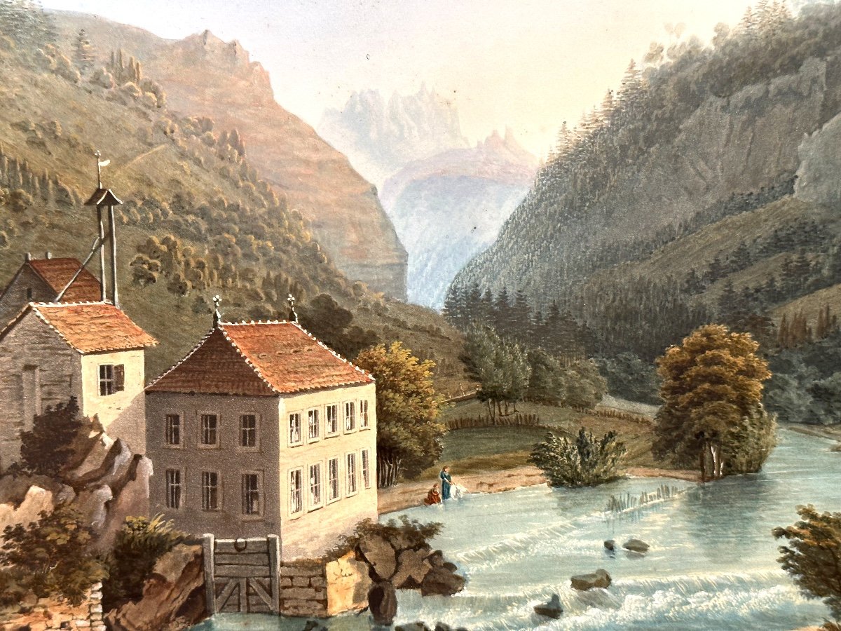 Grundmann 19th Century Aquatint Gouachée Cluse l'Arve Lamy Switzerland Haute Savoie Mountain Alps Cluses-photo-3