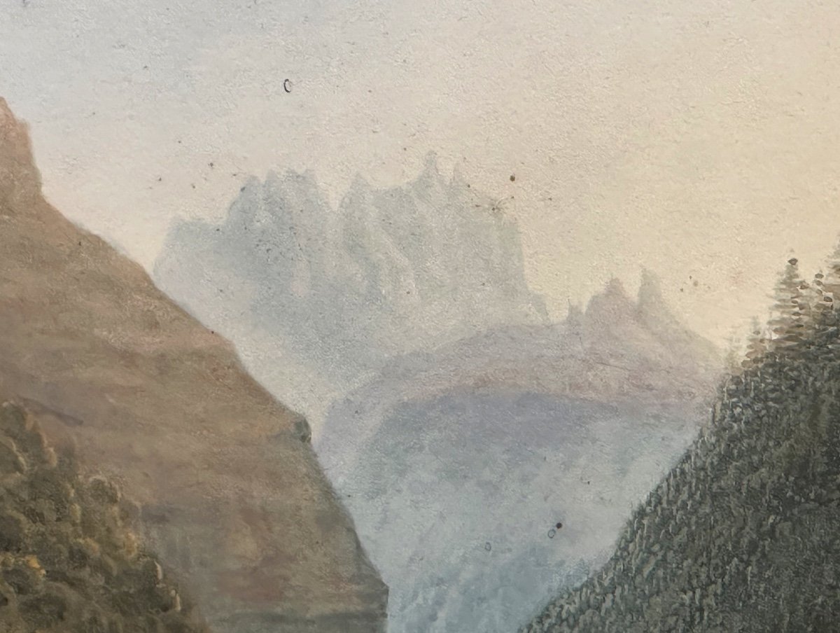 Grundmann 19th Century Aquatint Gouachée Cluse l'Arve Lamy Switzerland Haute Savoie Mountain Alps Cluses-photo-4