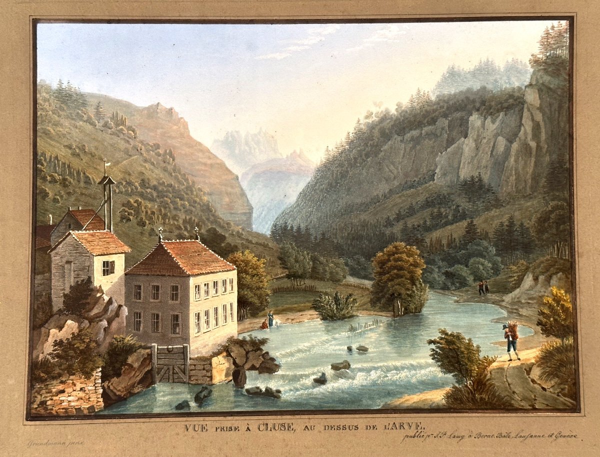 Grundmann 19th Century Aquatint Gouachée Cluse l'Arve Lamy Switzerland Haute Savoie Mountain Alps Cluses