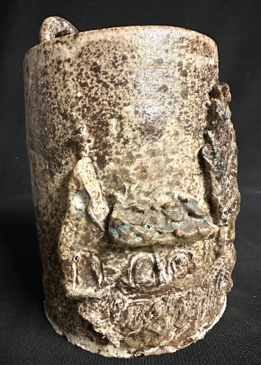 Eugène LION 1867-1947 Vase en grès à accrocher Décor de village Saint Amand en Puisaye Ecole de Carriès -photo-2