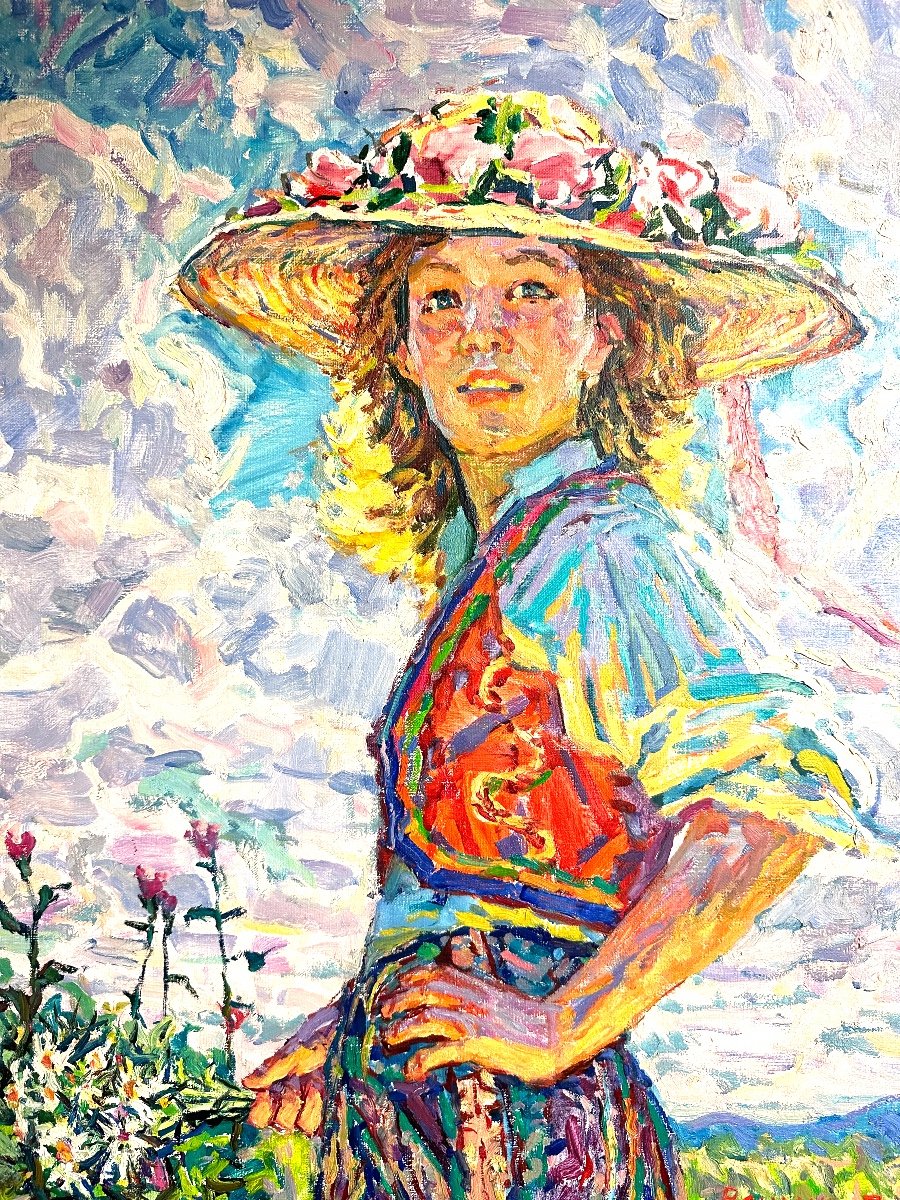 Amir VALIACHMETOV 1927 Grande Huile Jeune Fille Au Bouquet Impressionniste Russe Moscou  -photo-2