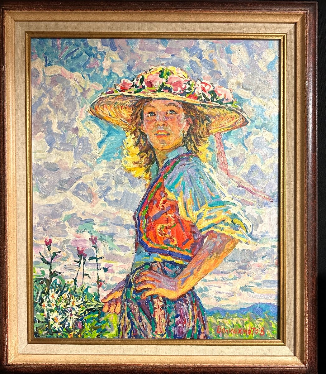 Amir VALIACHMETOV 1927 Grande Huile Jeune Fille Au Bouquet Impressionniste Russe Moscou  