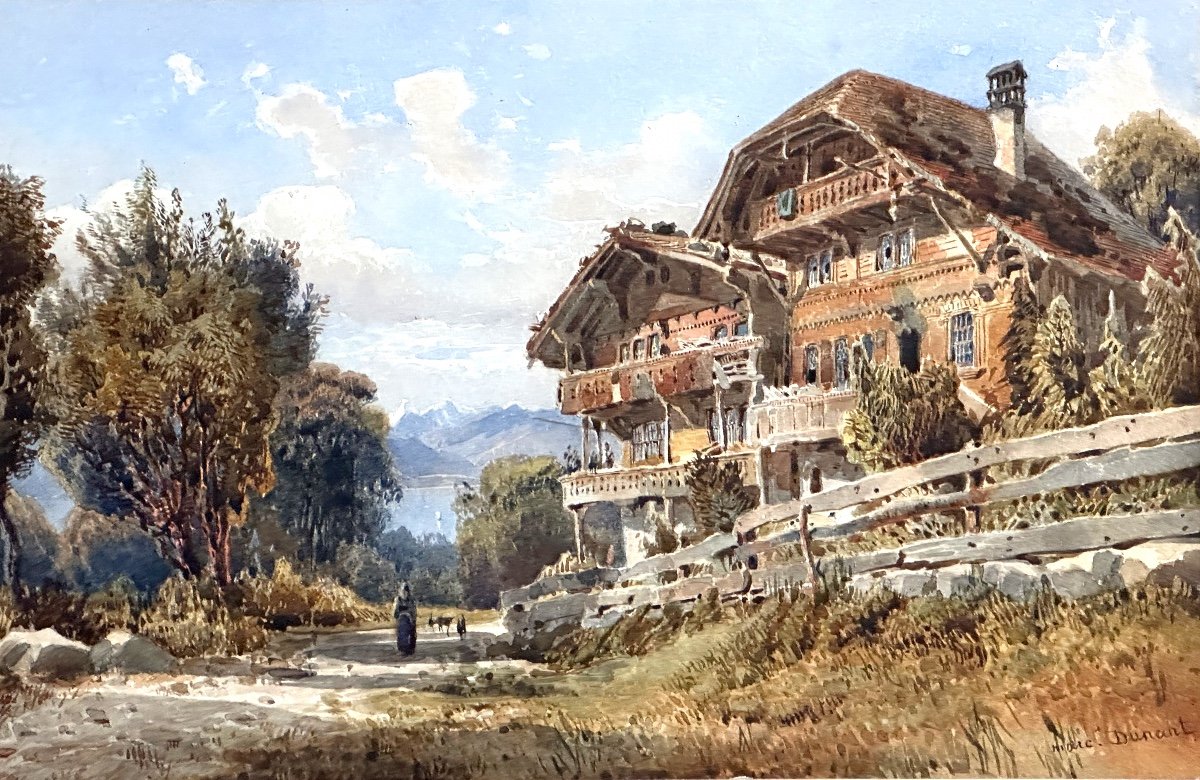 Jean Marc Dunant-vallier 1818-1888 Swiss Chalet With Lake And Mountains Watercolor Alps
