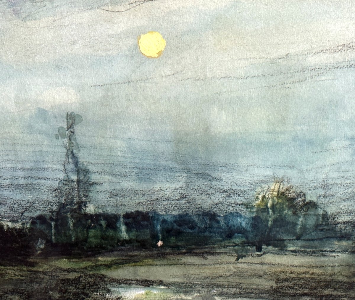 Pierre REYNAUD 1881-1943 Paysage à l’étang et pleine lune pastel et gouache Roanne-photo-4