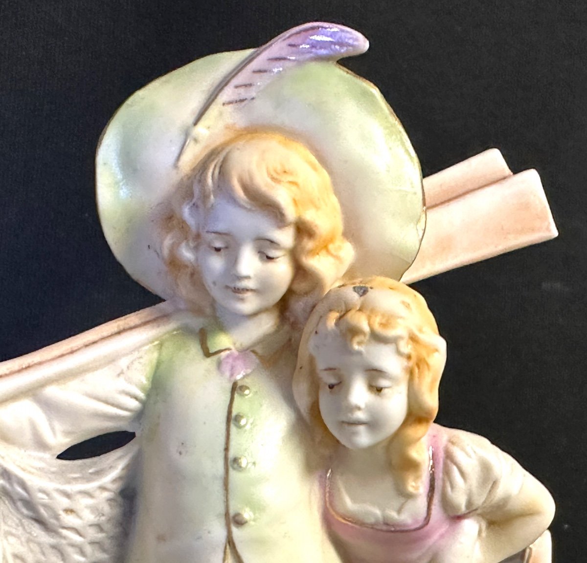 Children In The Boat And Swan Large Empty Pocket Biscuit Planter Late 19th Century Romantic Boat /6-photo-3