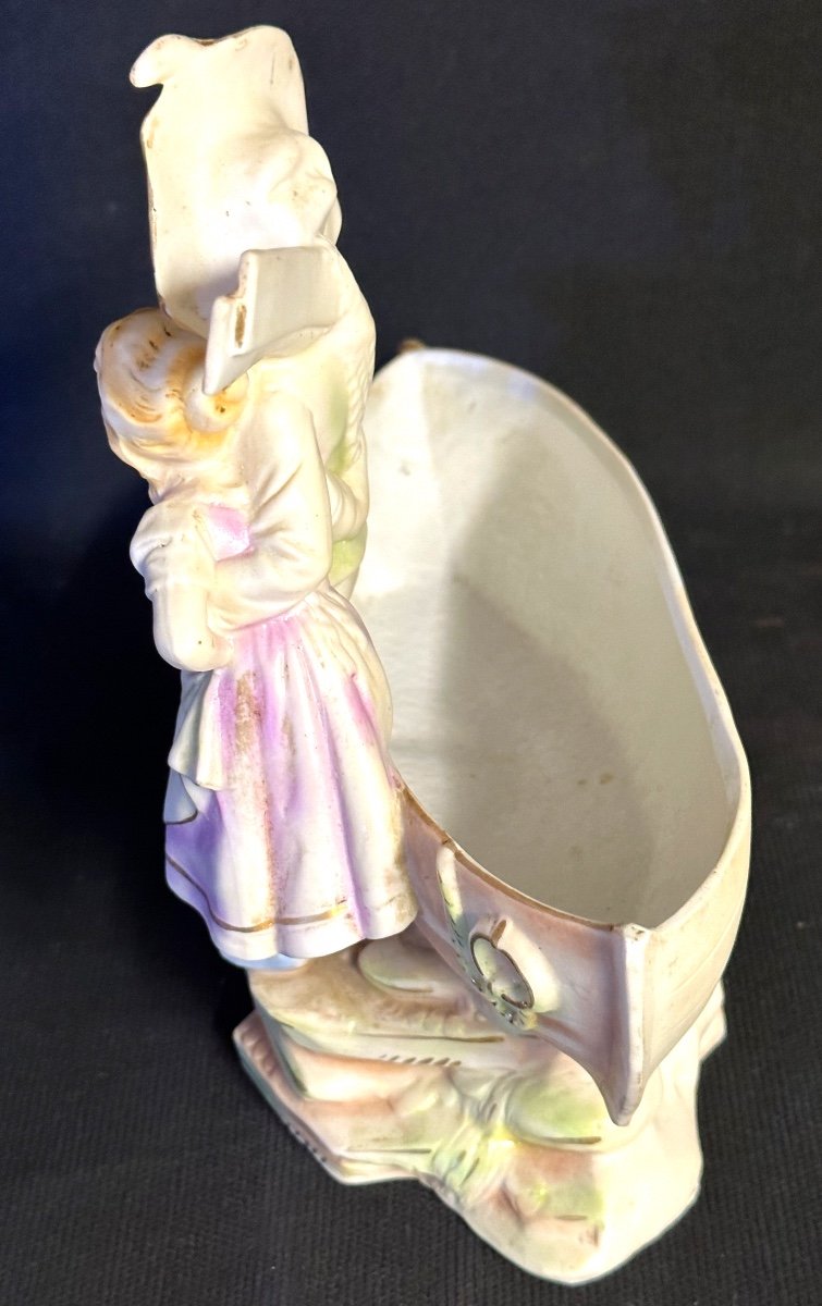 Children In The Boat And Swan Large Empty Pocket Biscuit Planter Late 19th Century Romantic Boat /6-photo-1