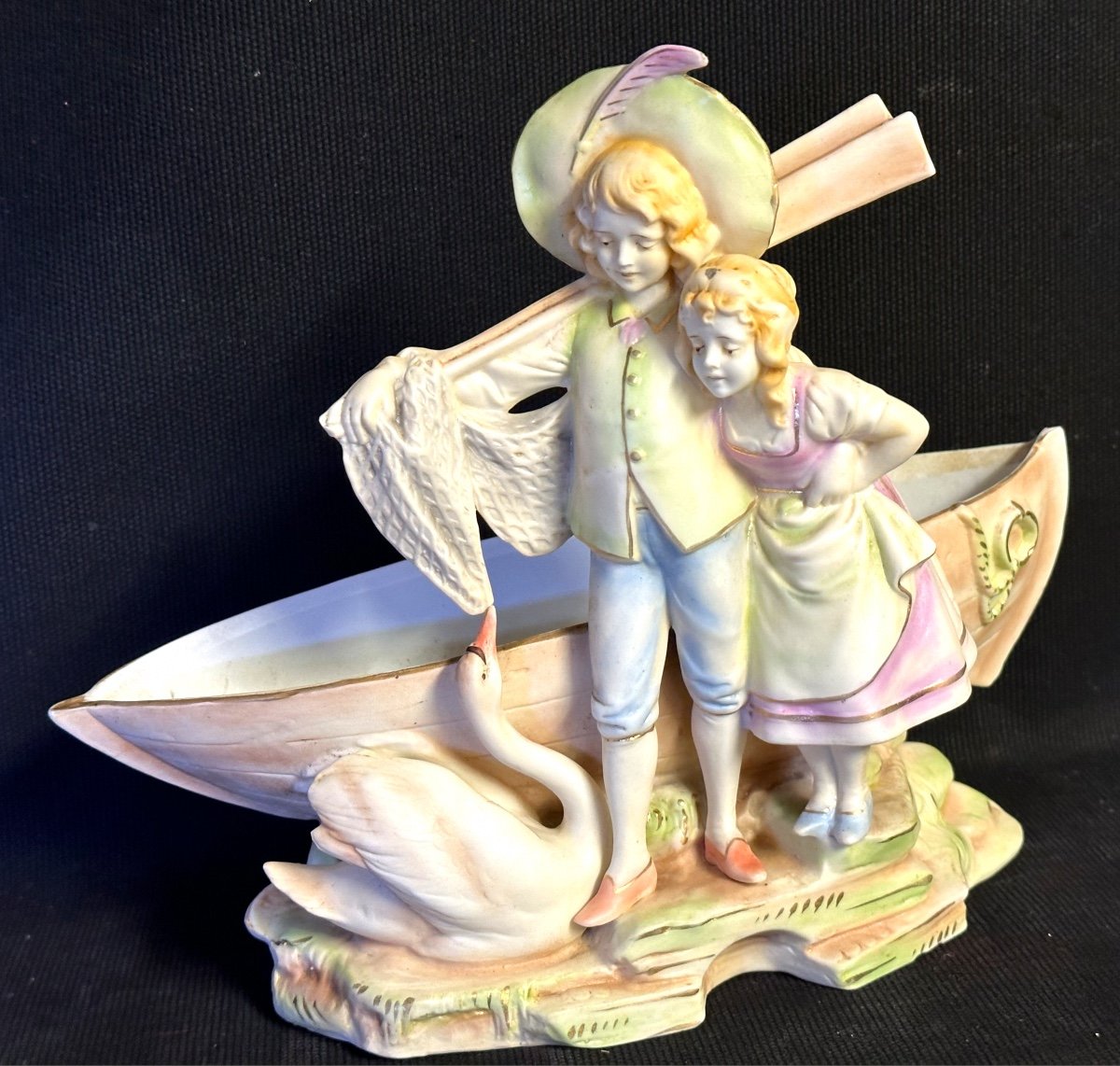 Children In The Boat And Swan Large Empty Pocket Biscuit Planter Late 19th Century Romantic Boat /6