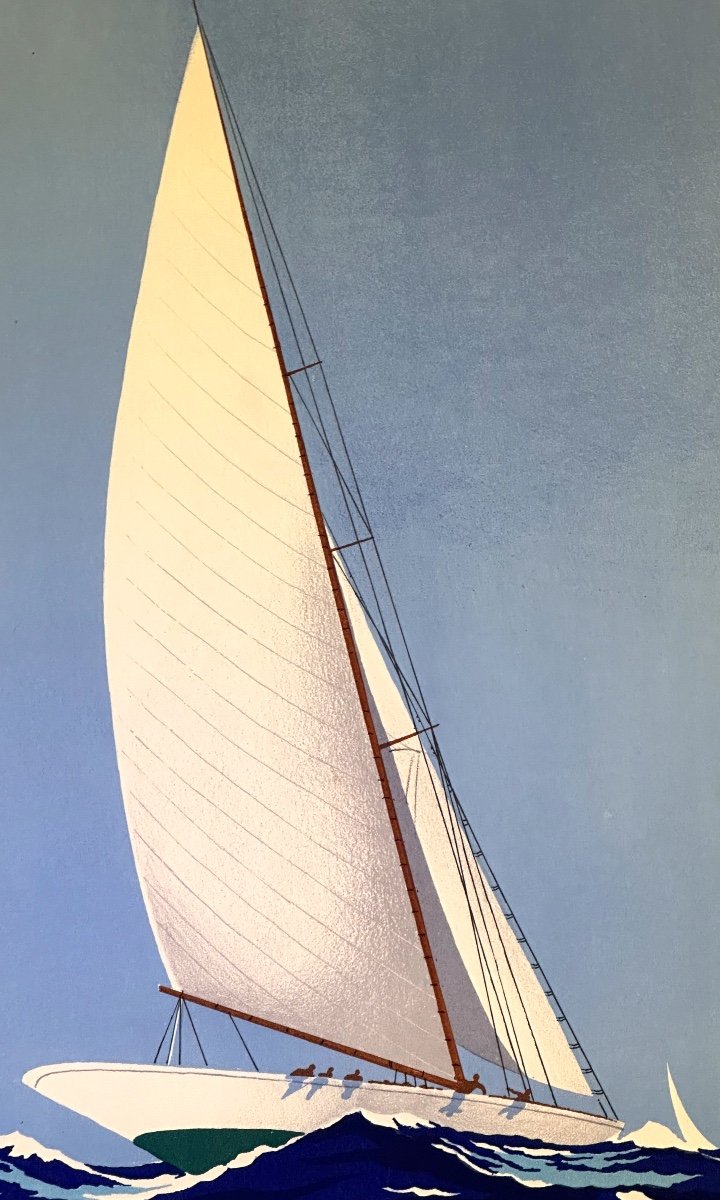 Georges Fouillé 1909-1994 Voilier en pleine mer Pochoir Yacht Bateau Peintre Officiel de la Marine-photo-4