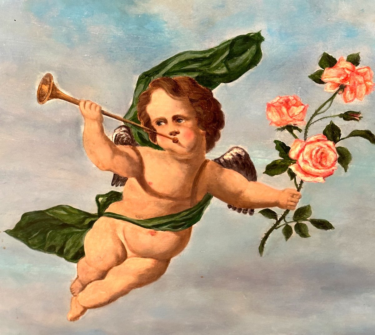 19th Century Canopy  Painted Angels Butterflies And Roses Cherub-photo-4