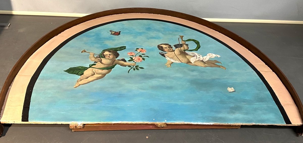 19th Century Canopy  Painted Angels Butterflies And Roses Cherub-photo-6