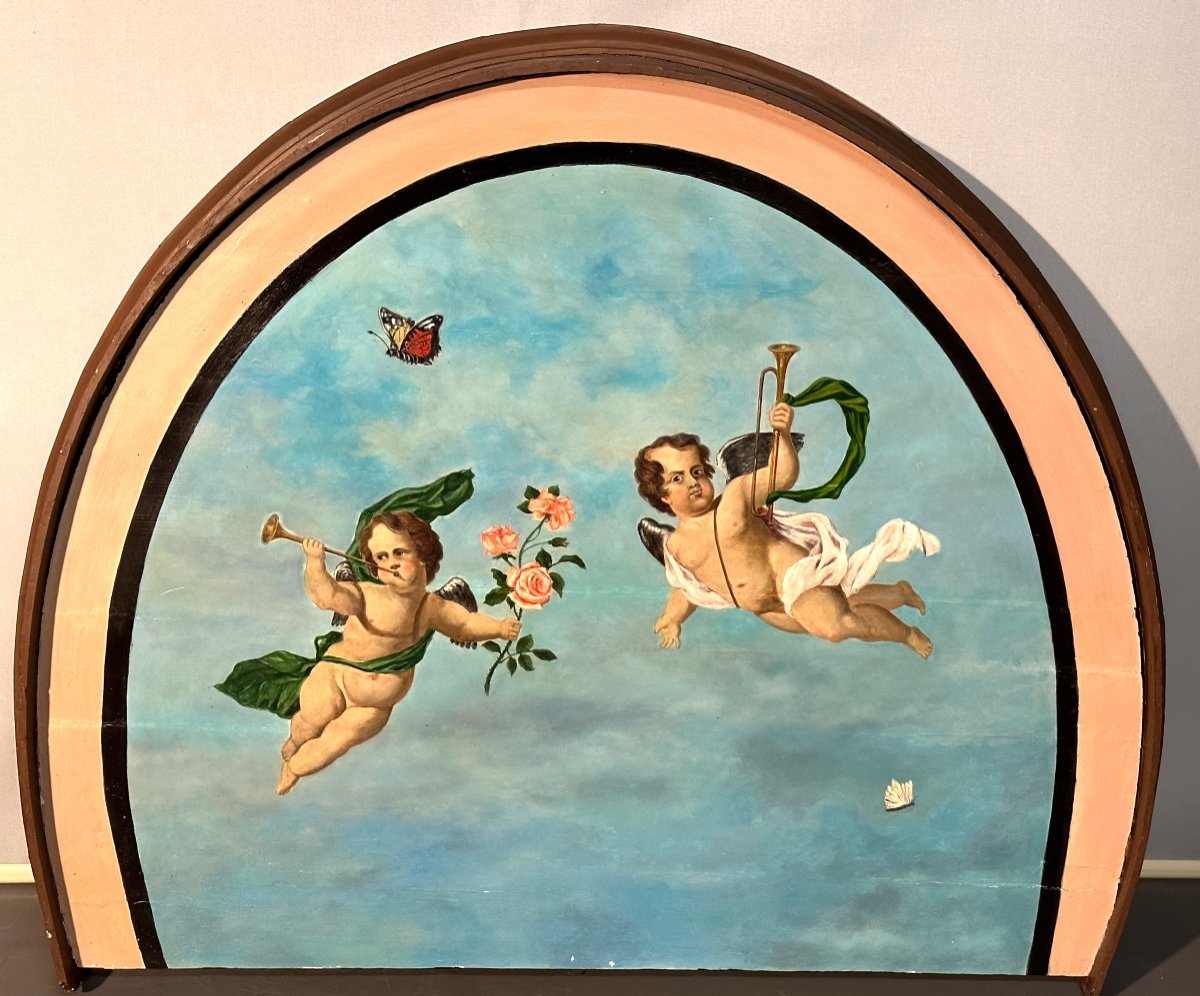 19th Century Canopy  Painted Angels Butterflies And Roses Cherub