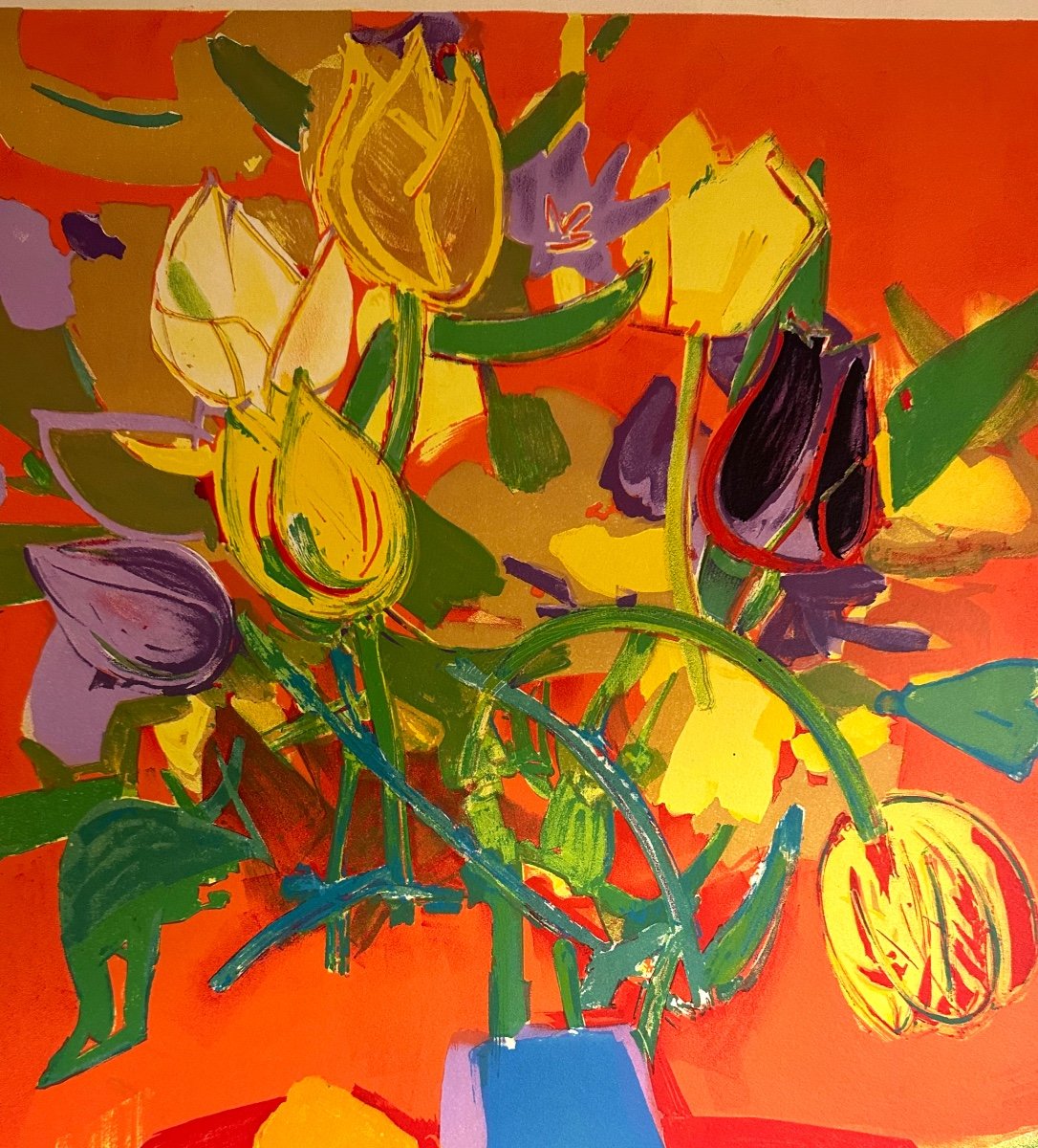 Roger Bezombes 1913-1994 Tulipes De Bagatelle 1959 Color Lithograph Signed-photo-3