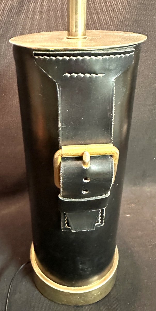 Jacques Adnet 1900-1984 Dlg Large Lamp 78cm Decorated With Leather Belt Buckles Sellier Stitching-photo-2