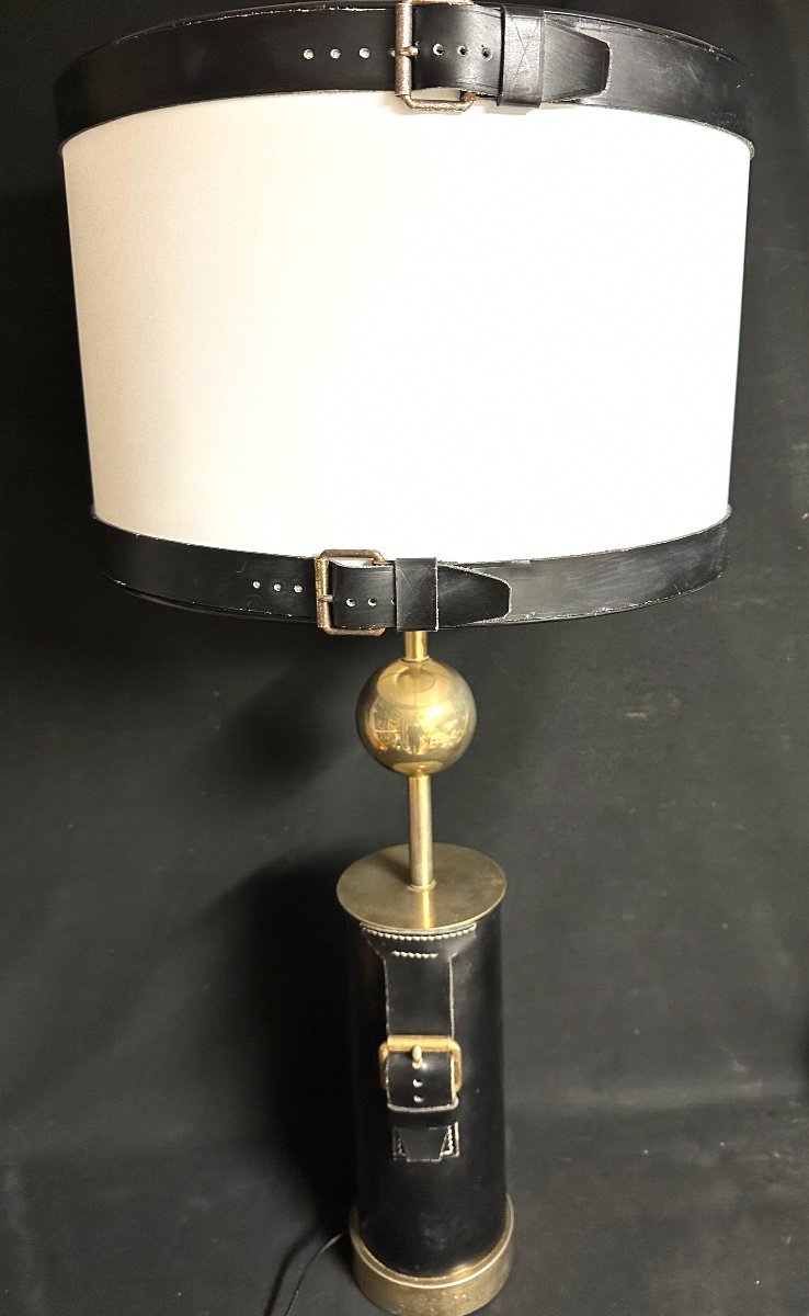 Jacques Adnet 1900-1984 Dlg Large Lamp 78cm Decorated With Leather Belt Buckles Sellier Stitching-photo-4
