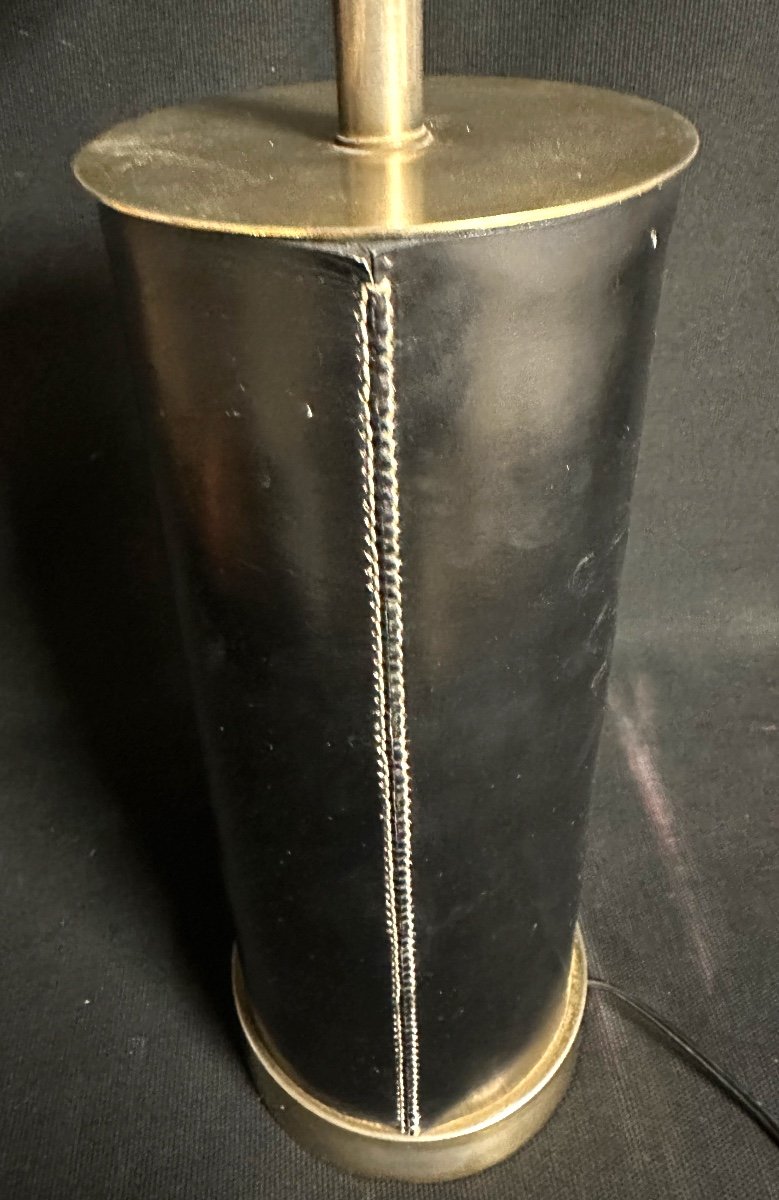 Jacques Adnet 1900-1984 Dlg Large Lamp 78cm Decorated With Leather Belt Buckles Sellier Stitching-photo-2