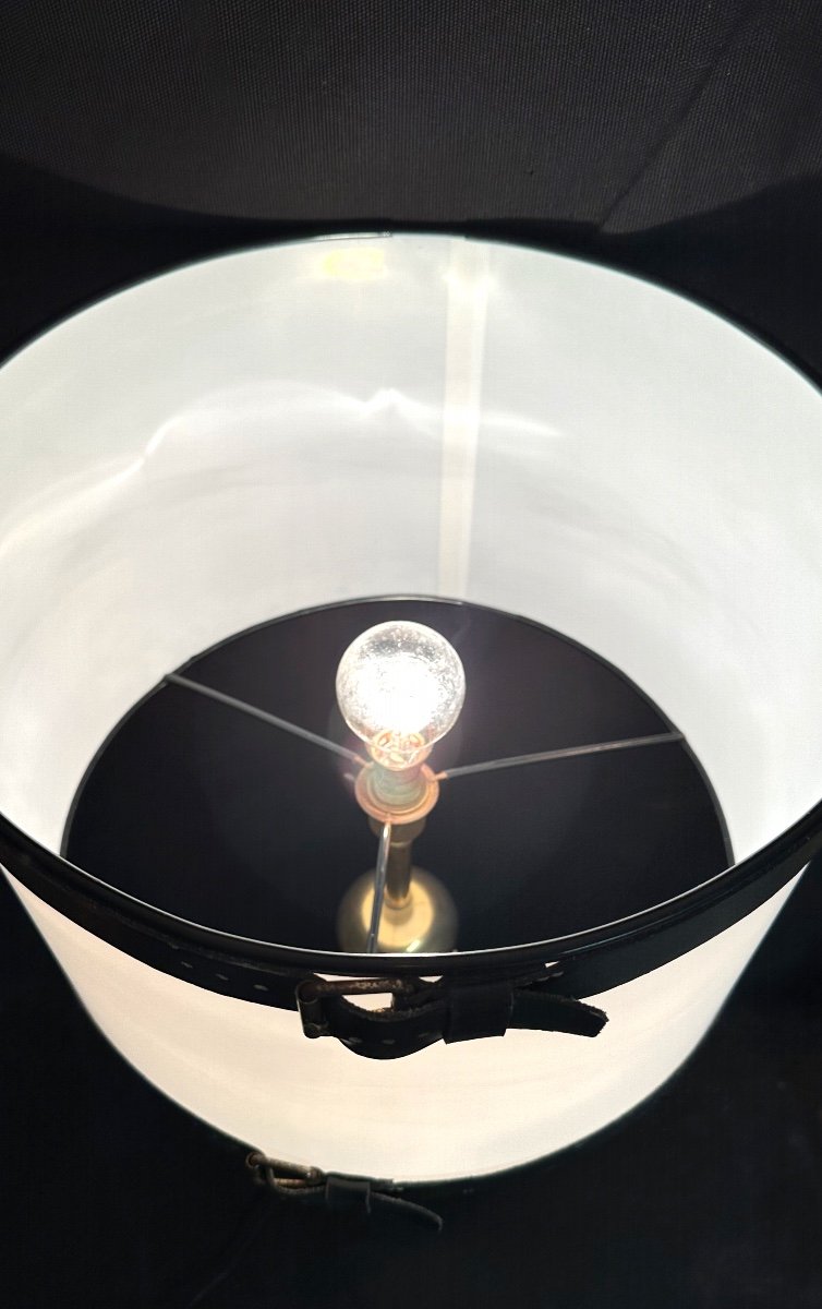 Jacques Adnet 1900-1984 Dlg Large Lamp 78cm Decorated With Leather Belt Buckles Sellier Stitching-photo-3