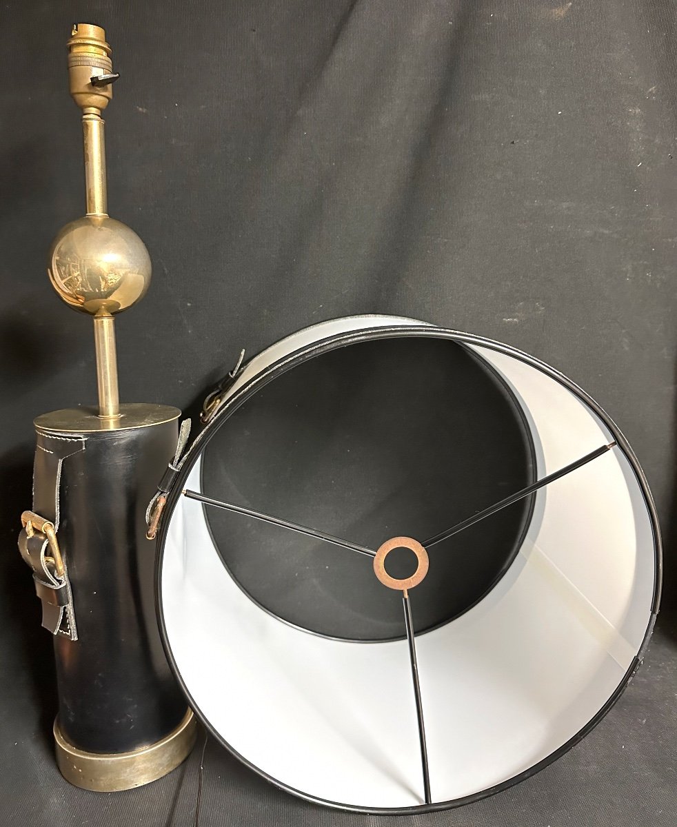 Jacques Adnet 1900-1984 Dlg Large Lamp 78cm Decorated With Leather Belt Buckles Sellier Stitching-photo-5