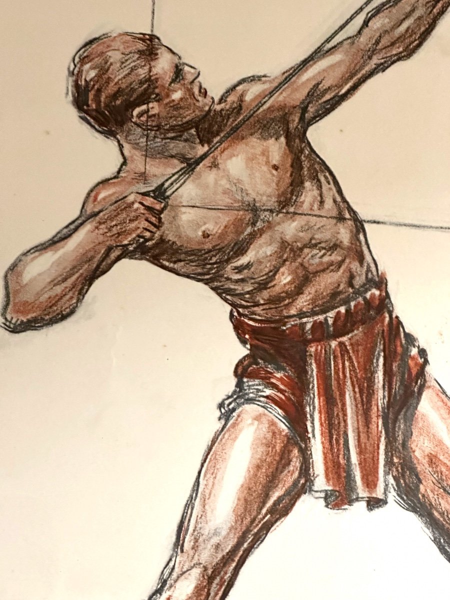 Paul ORDNER 1901-1969 Archer debout Lithographie originale couleurs Homme sportif Tir à l’arc Art Deco-photo-4