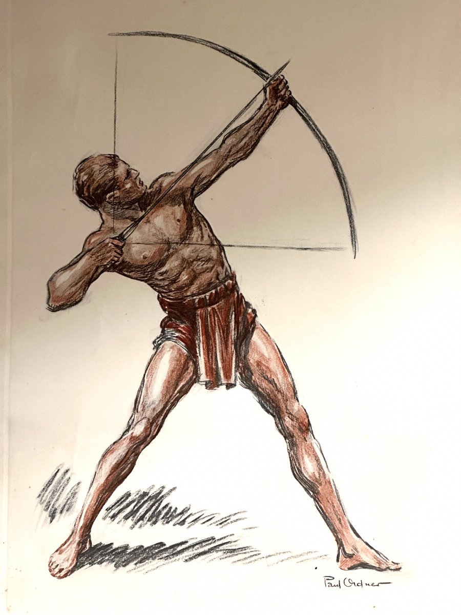 Paul ORDNER 1901-1969 Archer debout Lithographie originale couleurs Homme sportif Tir à l’arc Art Deco
