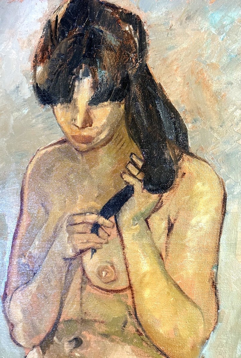 Raphaël ALONSO FERNANDEZ 1924-1994 Grande huile La mèche de cheveux Jeune femme nue Coiffure /8-photo-2