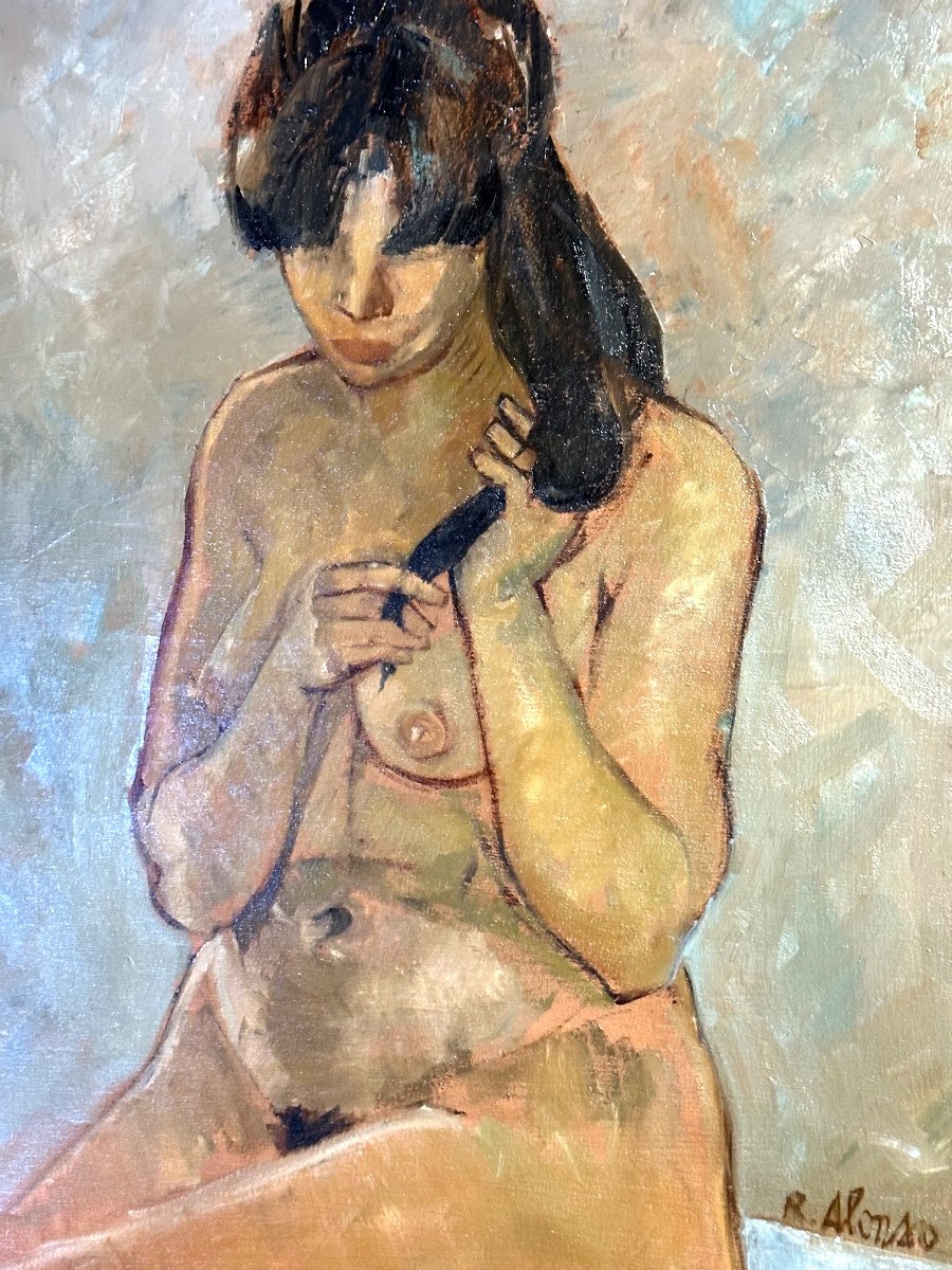 Raphaël ALONSO FERNANDEZ 1924-1994 Grande huile La mèche de cheveux Jeune femme nue Coiffure /8-photo-4