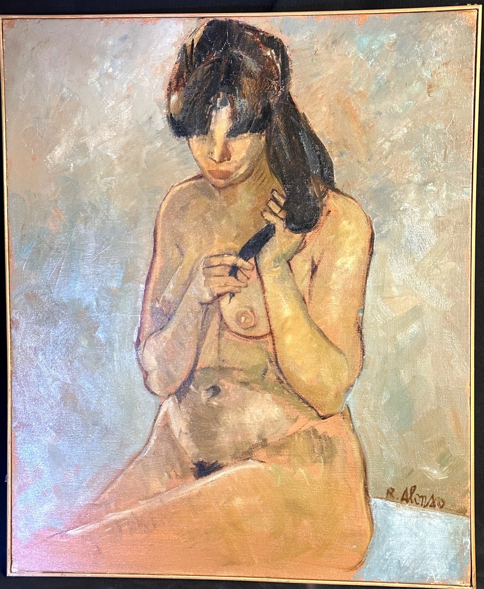 Raphaël ALONSO FERNANDEZ 1924-1994 Grande huile La mèche de cheveux Jeune femme nue Coiffure /8