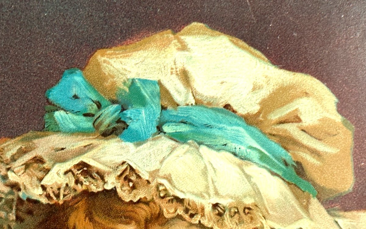 FILLETTE AU RUBAN BLEU Grande Chromolithographie 1900 Romantique Publicité Cornely Oyonnax Noël-photo-1