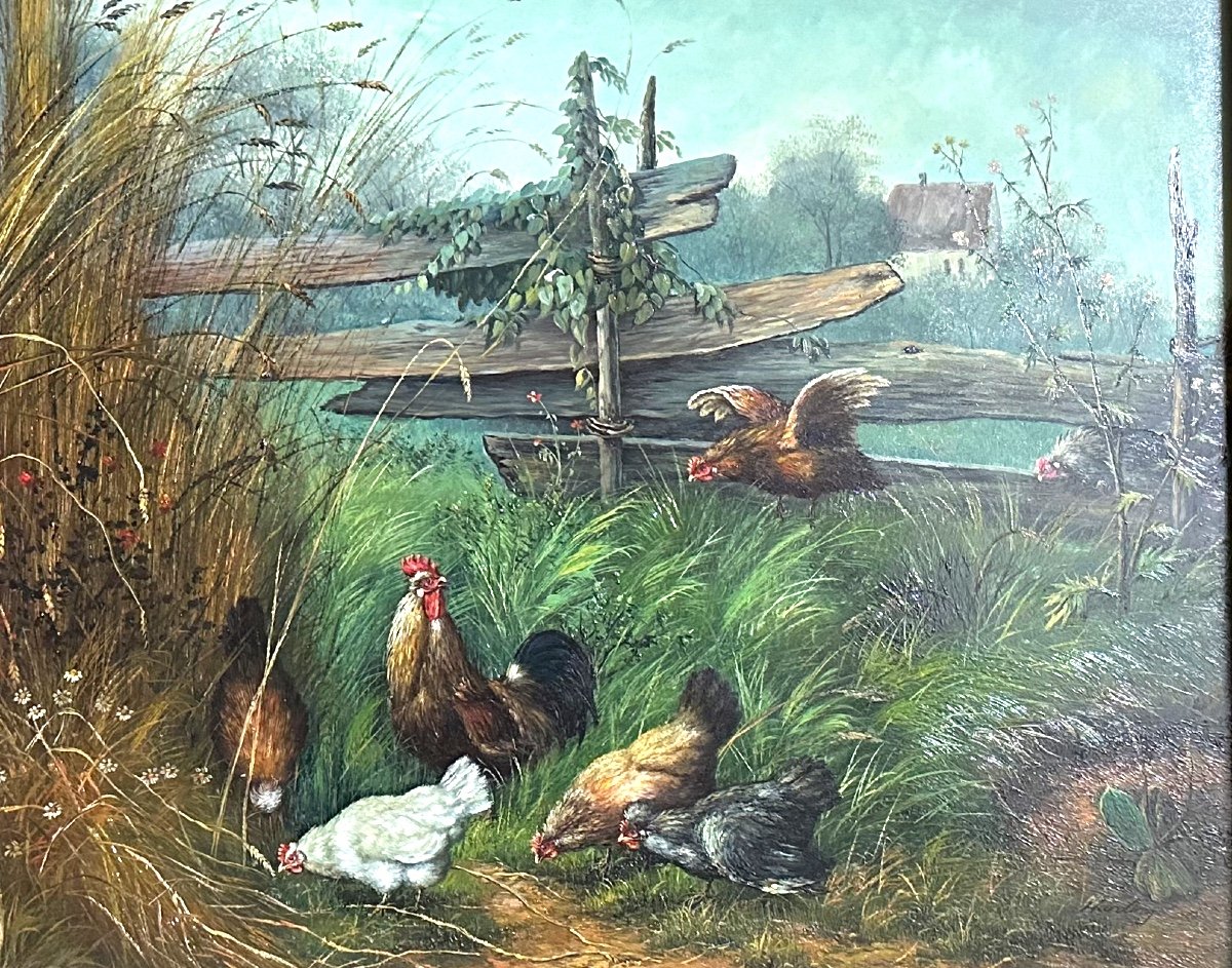 B. HARDING Grande huile sur bois encadrée Poules au jardin 75x85cm-photo-2