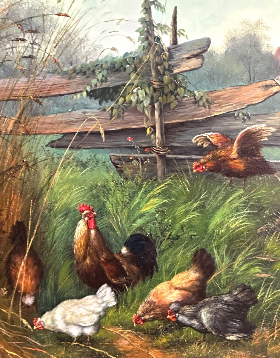 B. HARDING Grande huile sur bois encadrée Poules au jardin 75x85cm-photo-4