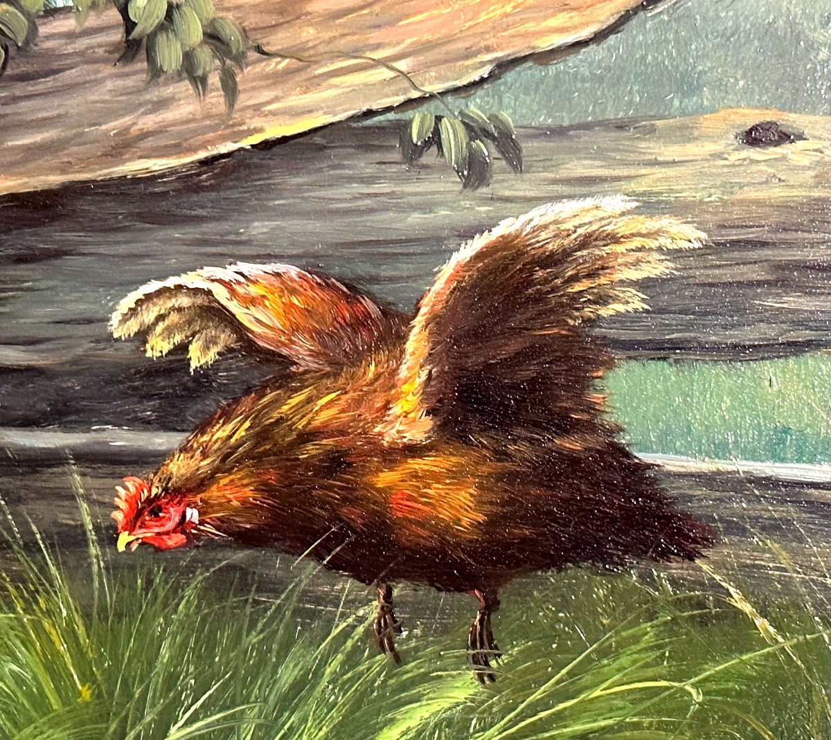 B. HARDING Grande huile sur bois encadrée Poules au jardin 75x85cm-photo-4