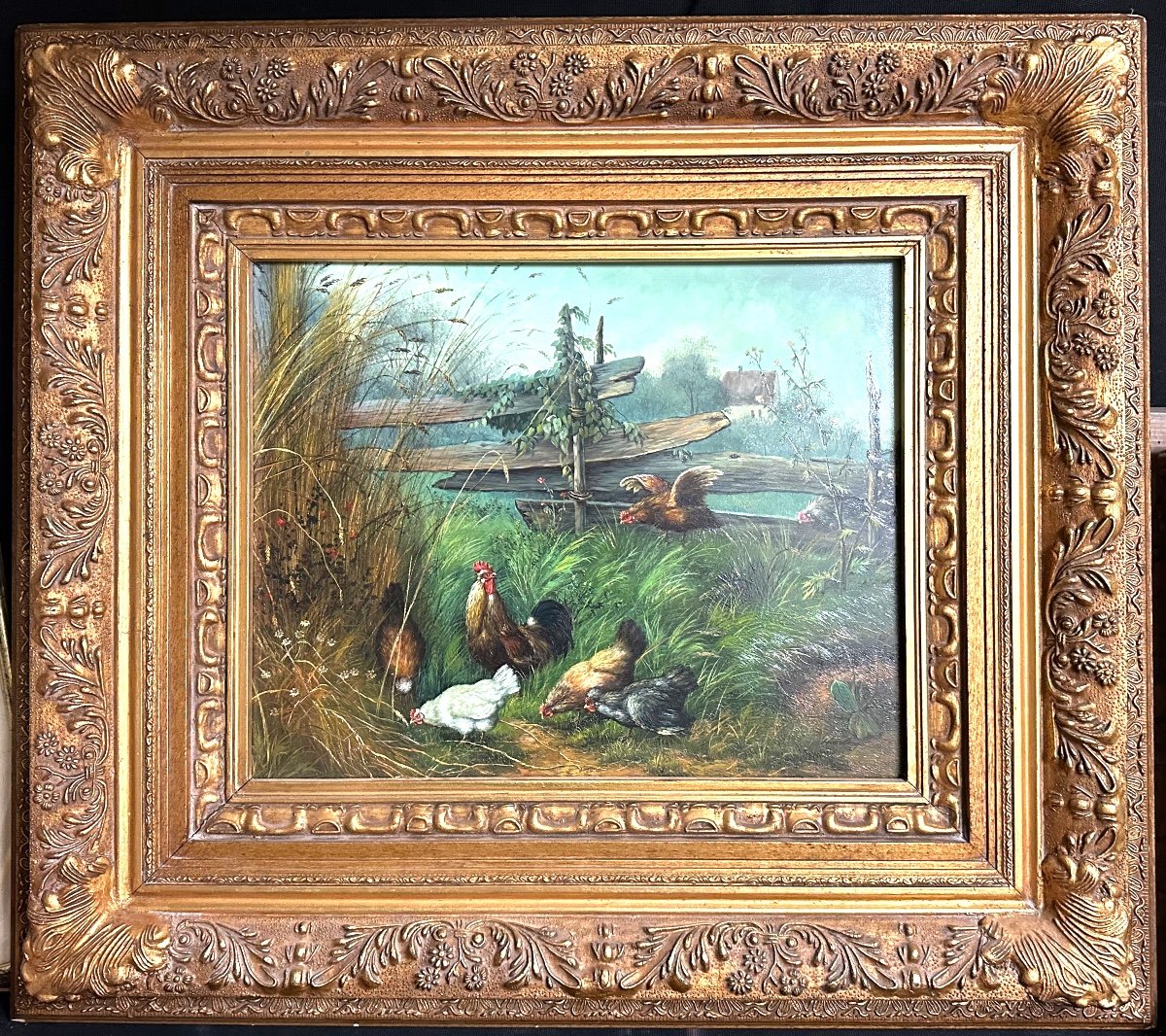 B. HARDING Grande huile sur bois encadrée Poules au jardin 75x85cm