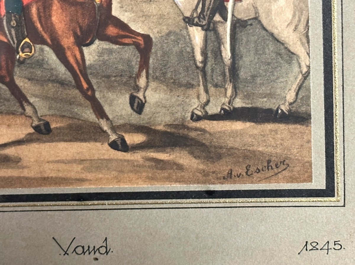 Albert Von ESCHER Suisse 1833-1945 Canton de Vaud  Gravure rehaussée Chasseurs à cheval /1-photo-1