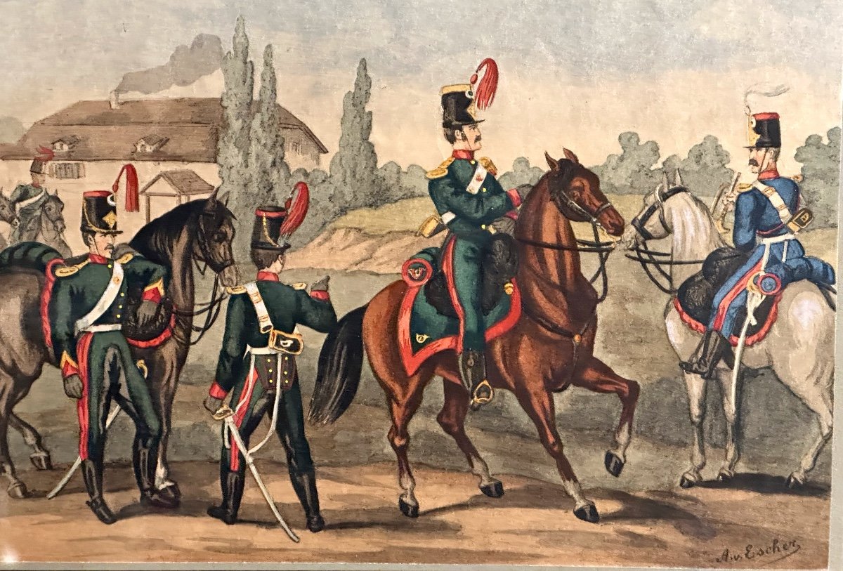 Albert Von ESCHER Suisse 1833-1945 Canton de Vaud  Gravure rehaussée Chasseurs à cheval /1-photo-2