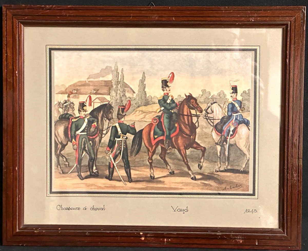 Albert Von ESCHER Suisse 1833-1945 Canton de Vaud  Gravure rehaussée Chasseurs à cheval /1