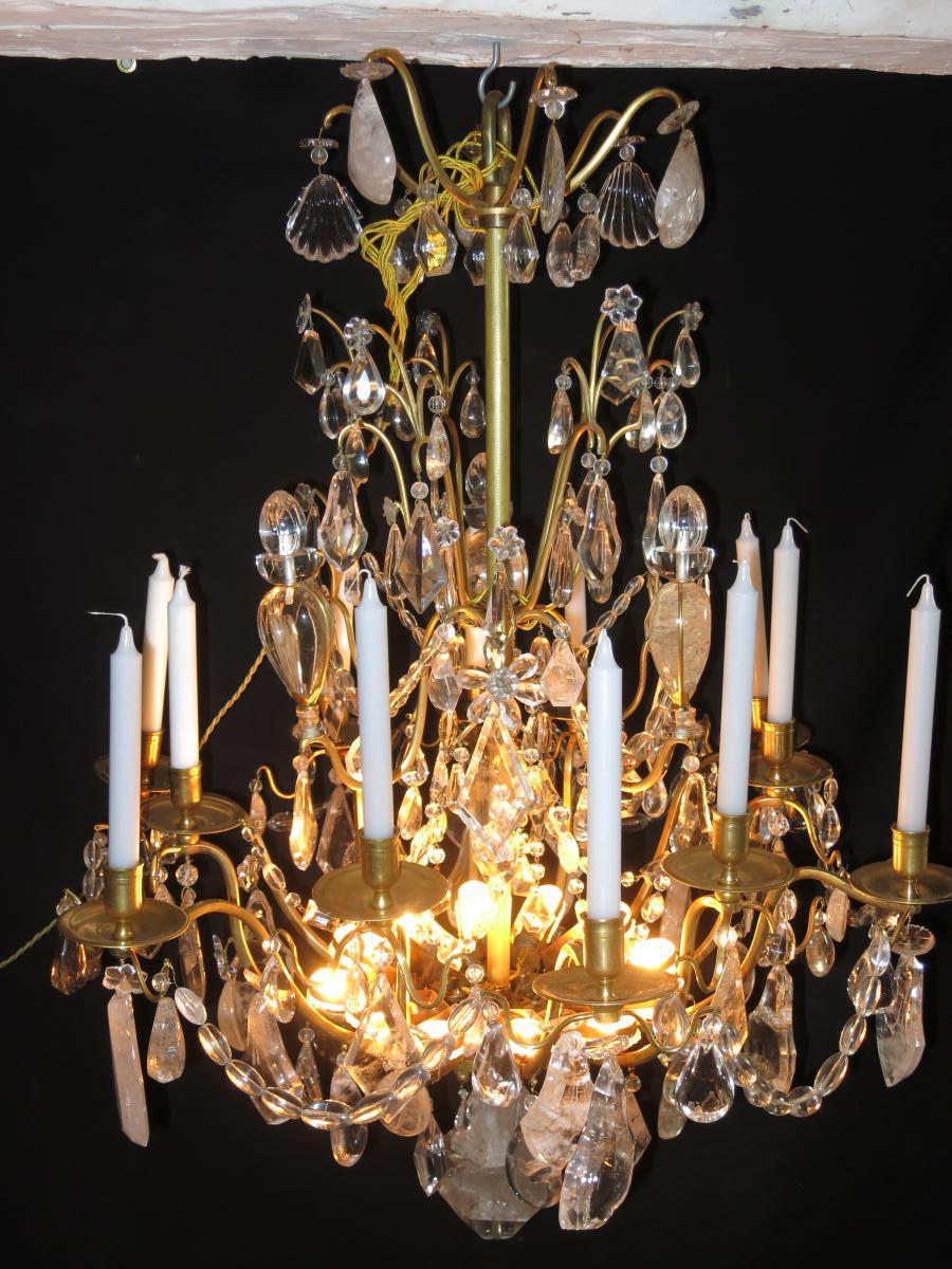 IMPORTANT LUSTRE XIXe CRISTAL DE ROCHE 12 Lumières Hauteur 100 Cm Tbe