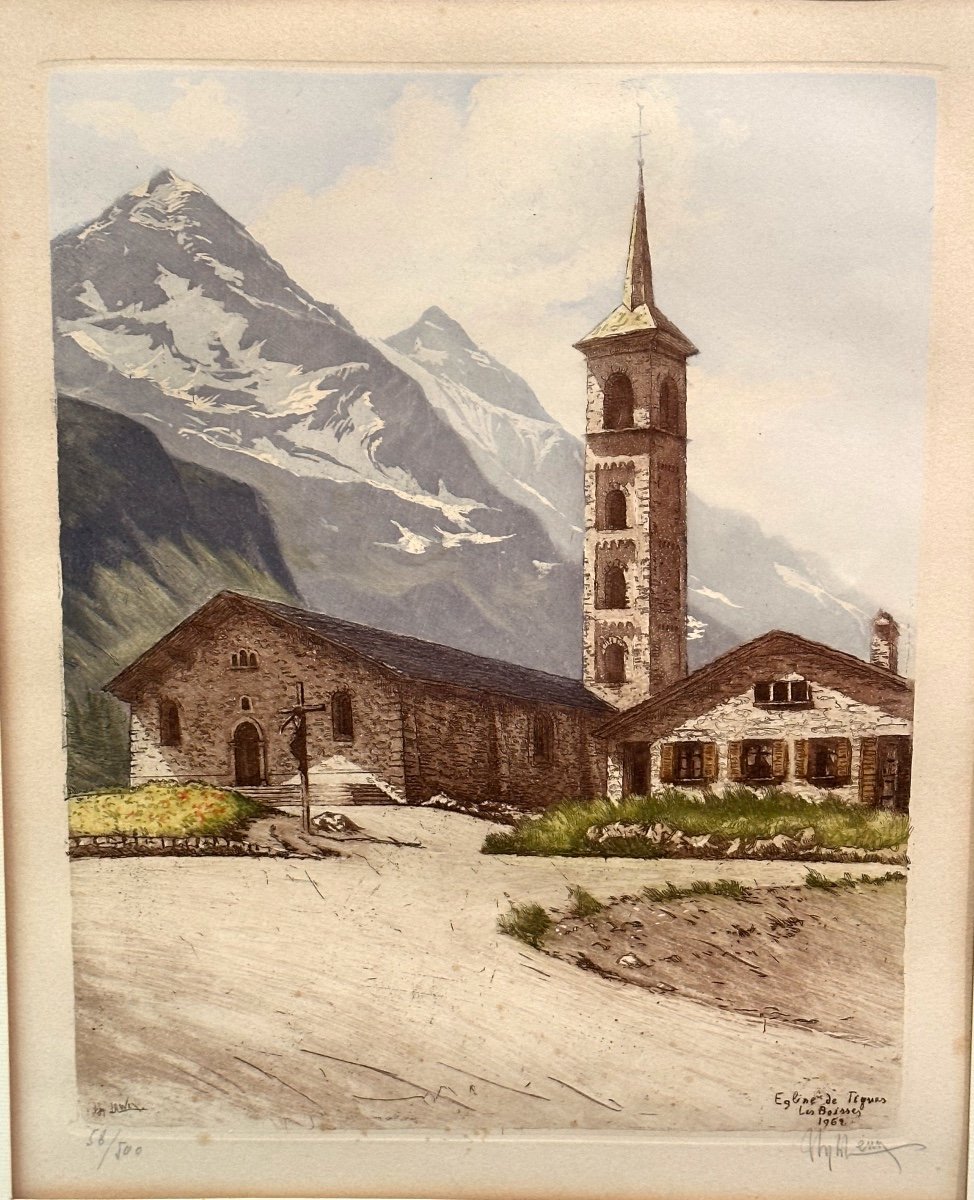 Joanny DREVET 1889-1969 Eglise de Tignes en Savoie Rare et grande aquatinte 1962 Montagne Alpes-photo-2