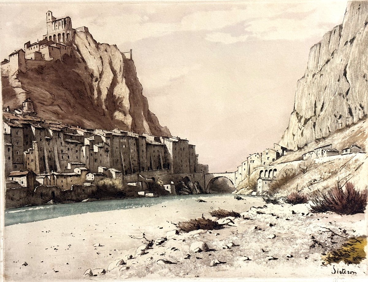 Joanny Drevet 1889-1969 Sisteron Large Colored Etching Signed Durance Alpes De Haute Provence